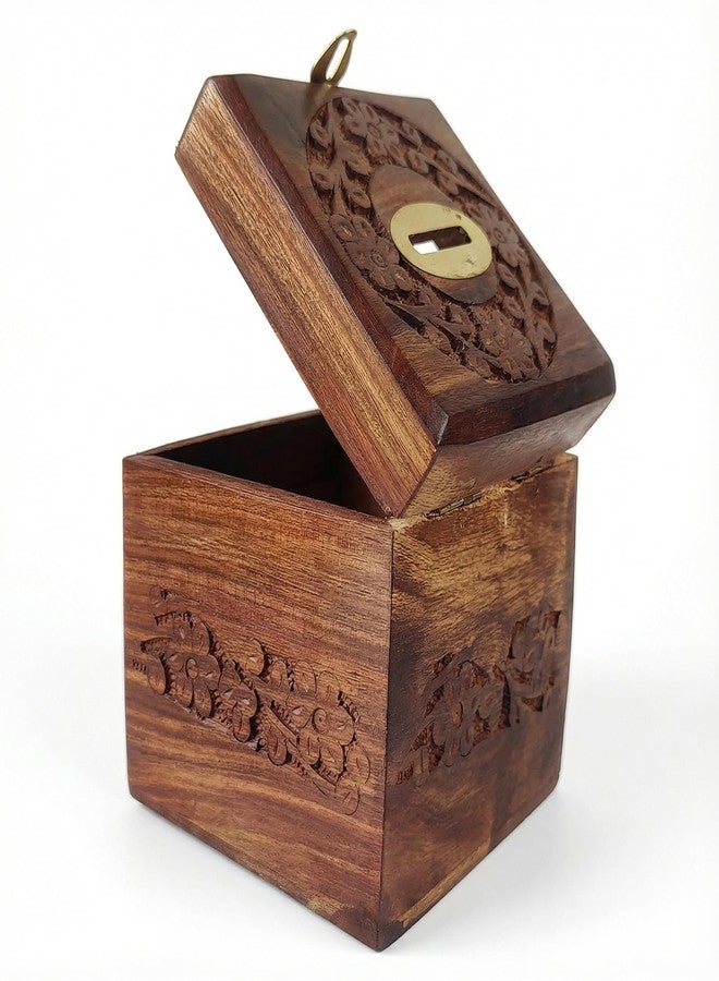GURU JEE™ Indian Hand-Carved Wooden Coin Box Money Bank Piggy Bank Floral Design Carving Keepsake Savings Bank Wooden Gifts for Kids and Adults - Image 3